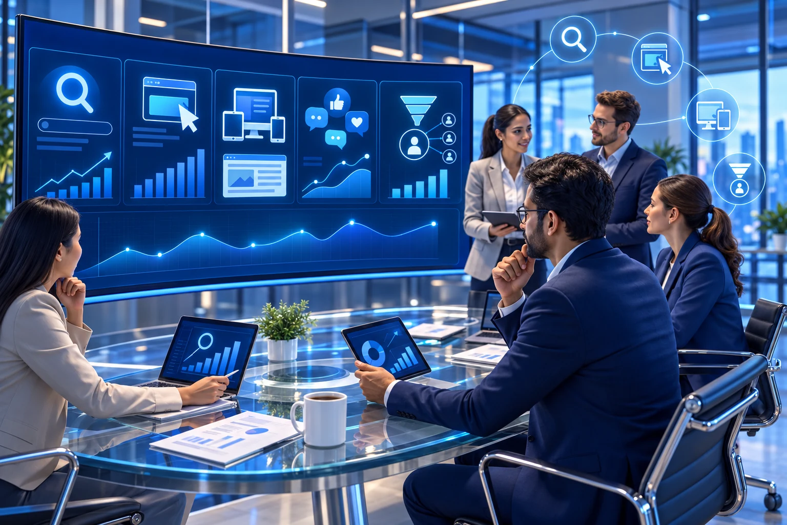 3D illustration of a digital marketing planning session with search, advertising, website and social media dashboards