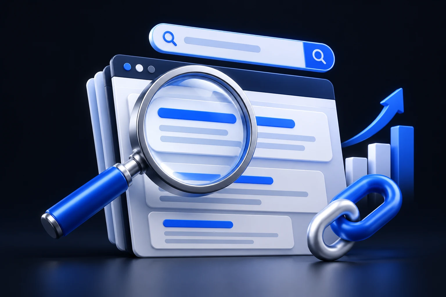 3D search engine optimization illustration with a magnifying glass and search results