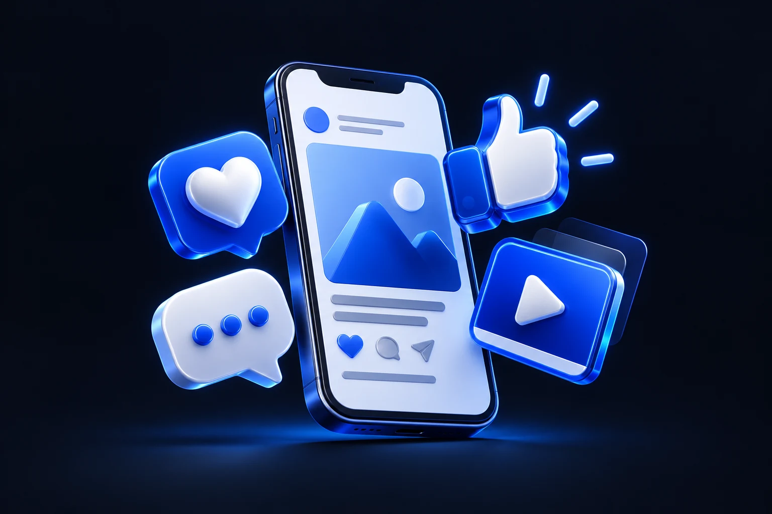 3D social media marketing illustration with a phone and engagement symbols